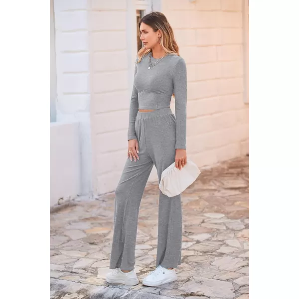 imagePRETTYGARDEN Womens 2023 Fall Casual 2 Piece Outfits Rib Knit Crop Tops And Long Pants Lounge Sets TracksuitsGrey