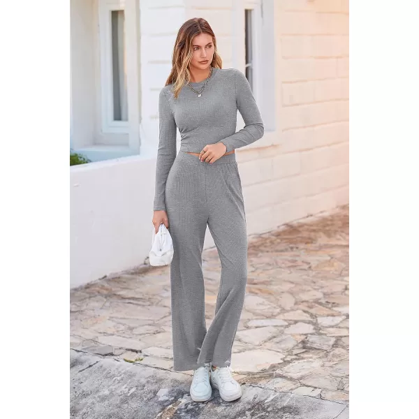 imagePRETTYGARDEN Womens 2023 Fall Casual 2 Piece Outfits Rib Knit Crop Tops And Long Pants Lounge Sets TracksuitsGrey