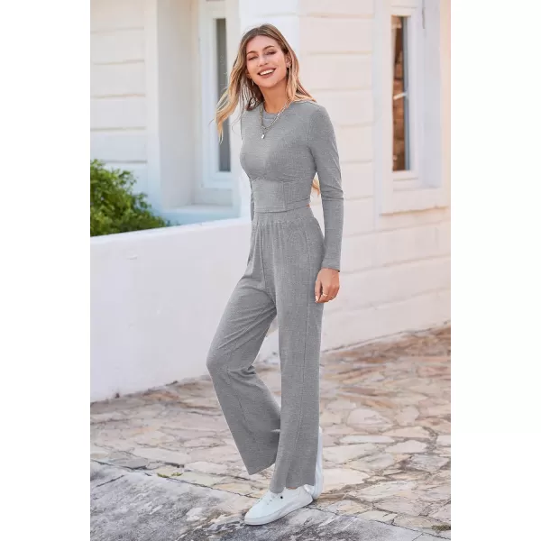 imagePRETTYGARDEN Womens 2023 Fall Casual 2 Piece Outfits Rib Knit Crop Tops And Long Pants Lounge Sets TracksuitsGrey
