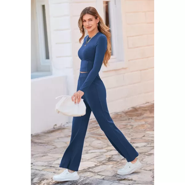 imagePRETTYGARDEN Womens 2023 Fall Casual 2 Piece Outfits Rib Knit Crop Tops And Long Pants Lounge Sets TracksuitsNavy
