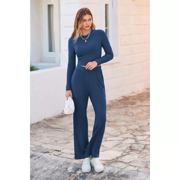imagePRETTYGARDEN Womens 2023 Fall Casual 2 Piece Outfits Rib Knit Crop Tops And Long Pants Lounge Sets TracksuitsNavy