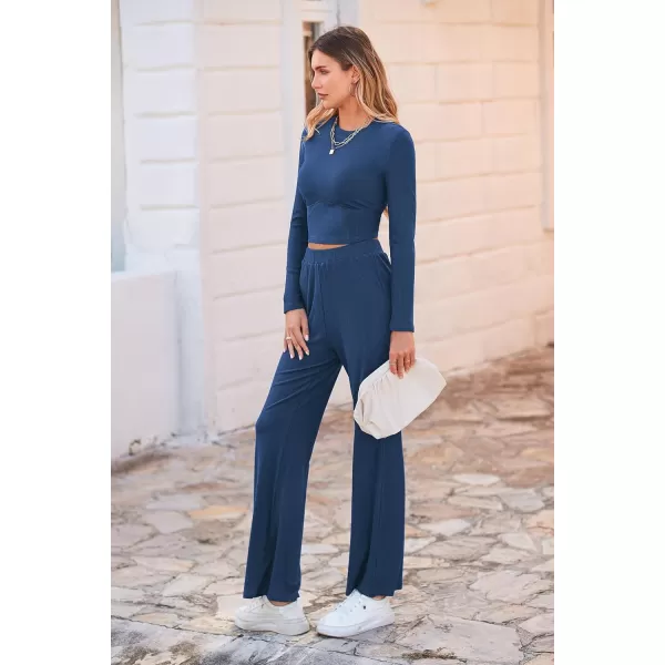imagePRETTYGARDEN Womens 2023 Fall Casual 2 Piece Outfits Rib Knit Crop Tops And Long Pants Lounge Sets TracksuitsNavy