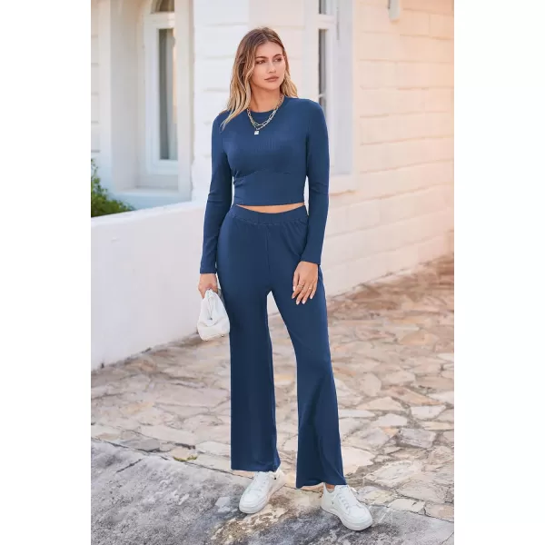imagePRETTYGARDEN Womens 2023 Fall Casual 2 Piece Outfits Rib Knit Crop Tops And Long Pants Lounge Sets TracksuitsNavy