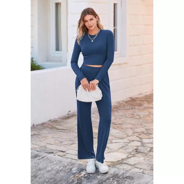 imagePRETTYGARDEN Womens 2023 Fall Casual 2 Piece Outfits Rib Knit Crop Tops And Long Pants Lounge Sets TracksuitsNavy