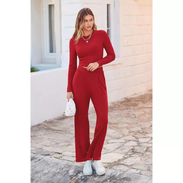 imagePRETTYGARDEN Womens 2023 Fall Casual 2 Piece Outfits Rib Knit Crop Tops And Long Pants Lounge Sets TracksuitsRed