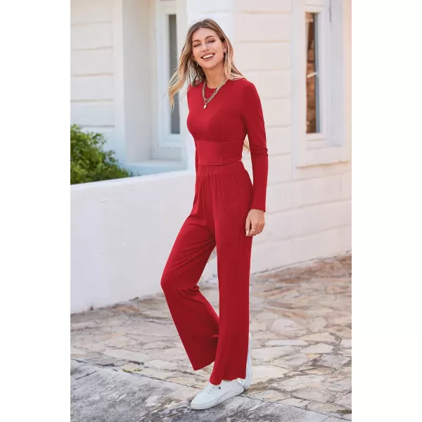 imagePRETTYGARDEN Womens 2023 Fall Casual 2 Piece Outfits Rib Knit Crop Tops And Long Pants Lounge Sets TracksuitsRed