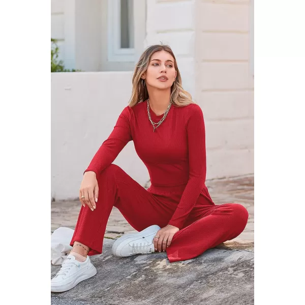 imagePRETTYGARDEN Womens 2023 Fall Casual 2 Piece Outfits Rib Knit Crop Tops And Long Pants Lounge Sets TracksuitsRed