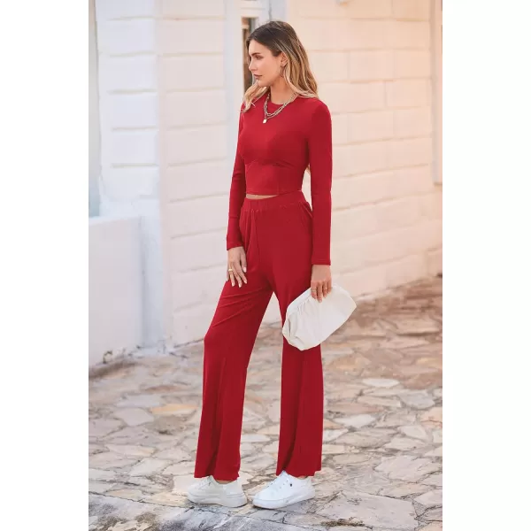 imagePRETTYGARDEN Womens 2023 Fall Casual 2 Piece Outfits Rib Knit Crop Tops And Long Pants Lounge Sets TracksuitsRed
