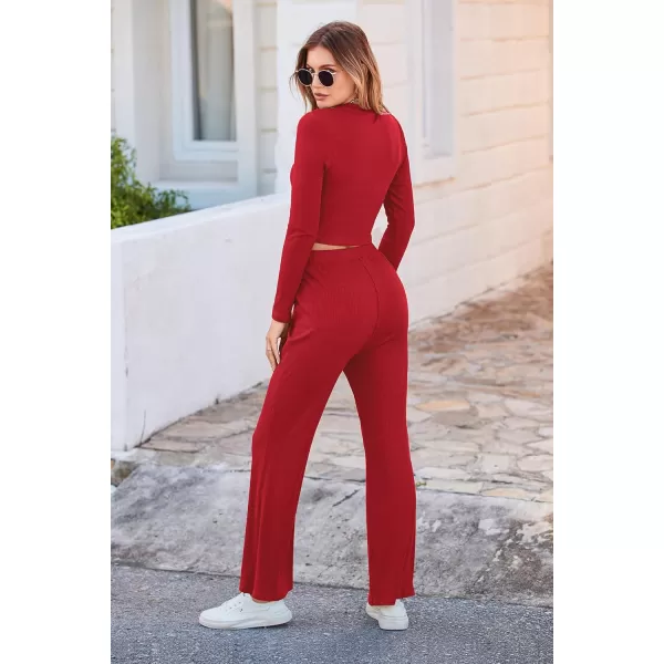 imagePRETTYGARDEN Womens 2023 Fall Casual 2 Piece Outfits Rib Knit Crop Tops And Long Pants Lounge Sets TracksuitsRed