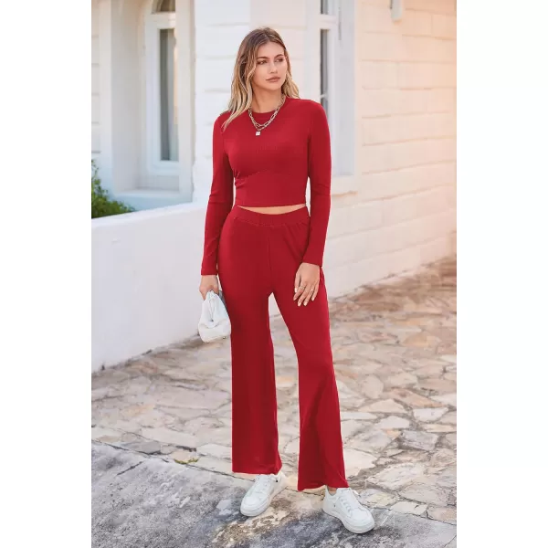 imagePRETTYGARDEN Womens 2023 Fall Casual 2 Piece Outfits Rib Knit Crop Tops And Long Pants Lounge Sets TracksuitsRed