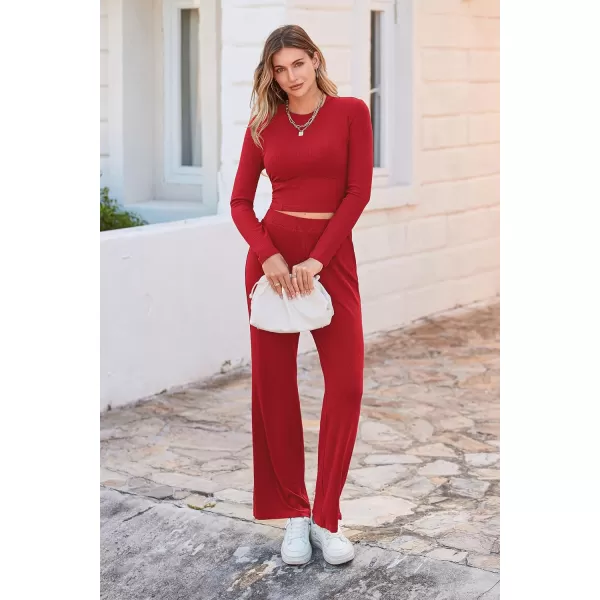 imagePRETTYGARDEN Womens 2023 Fall Casual 2 Piece Outfits Rib Knit Crop Tops And Long Pants Lounge Sets TracksuitsRed