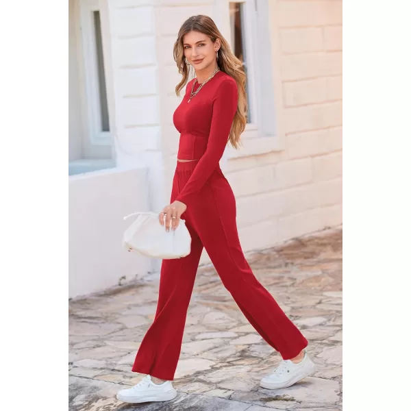 imagePRETTYGARDEN Womens 2023 Fall Casual 2 Piece Outfits Rib Knit Crop Tops And Long Pants Lounge Sets TracksuitsRed