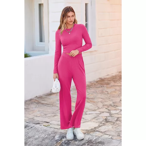 imagePRETTYGARDEN Womens 2023 Fall Casual 2 Piece Outfits Rib Knit Crop Tops And Long Pants Lounge Sets TracksuitsRose Red