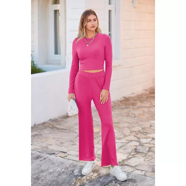 imagePRETTYGARDEN Womens 2023 Fall Casual 2 Piece Outfits Rib Knit Crop Tops And Long Pants Lounge Sets TracksuitsRose Red