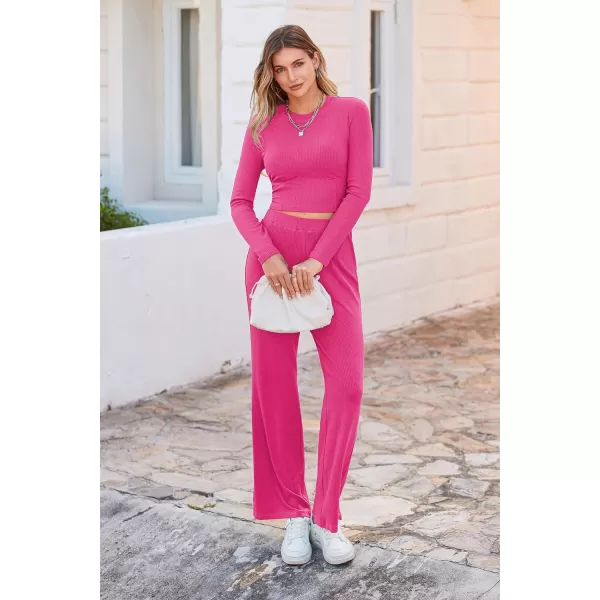 imagePRETTYGARDEN Womens 2023 Fall Casual 2 Piece Outfits Rib Knit Crop Tops And Long Pants Lounge Sets TracksuitsRose Red