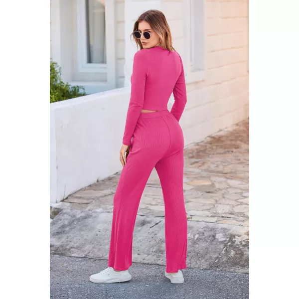 imagePRETTYGARDEN Womens 2023 Fall Casual 2 Piece Outfits Rib Knit Crop Tops And Long Pants Lounge Sets TracksuitsRose Red
