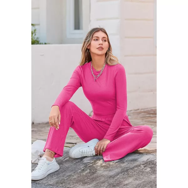 imagePRETTYGARDEN Womens 2023 Fall Casual 2 Piece Outfits Rib Knit Crop Tops And Long Pants Lounge Sets TracksuitsRose Red