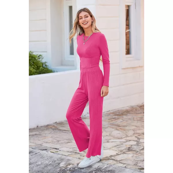 imagePRETTYGARDEN Womens 2023 Fall Casual 2 Piece Outfits Rib Knit Crop Tops And Long Pants Lounge Sets TracksuitsRose Red