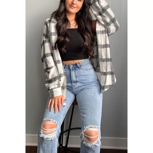 imagePRETTYGARDEN Womens 2023 Fall Clothes Plaid Shacket Jacket Long Sleeve Button Down Flannel Shirts Fashion BlouseBlack