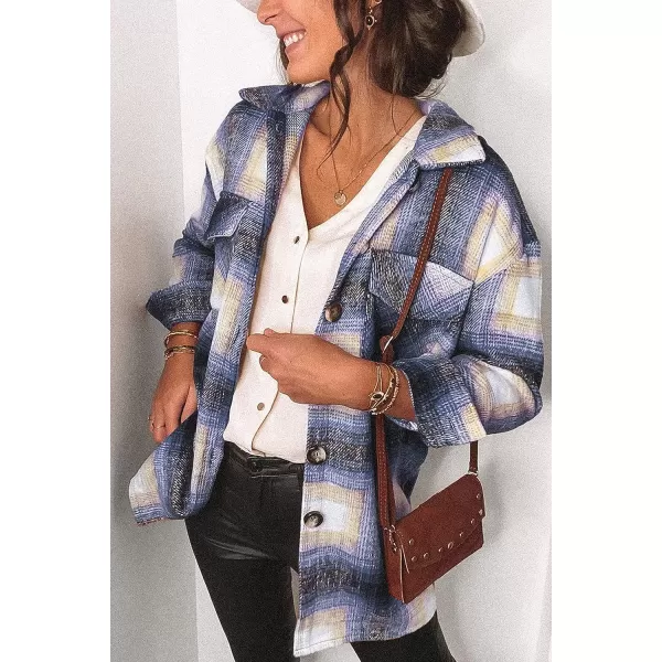 imagePRETTYGARDEN Womens 2023 Fall Clothes Plaid Shacket Jacket Long Sleeve Button Down Flannel Shirts Fashion BlouseBlue