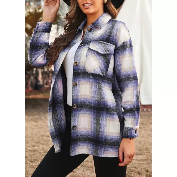 imagePRETTYGARDEN Womens 2023 Fall Clothes Plaid Shacket Jacket Long Sleeve Button Down Flannel Shirts Fashion BlouseBlue