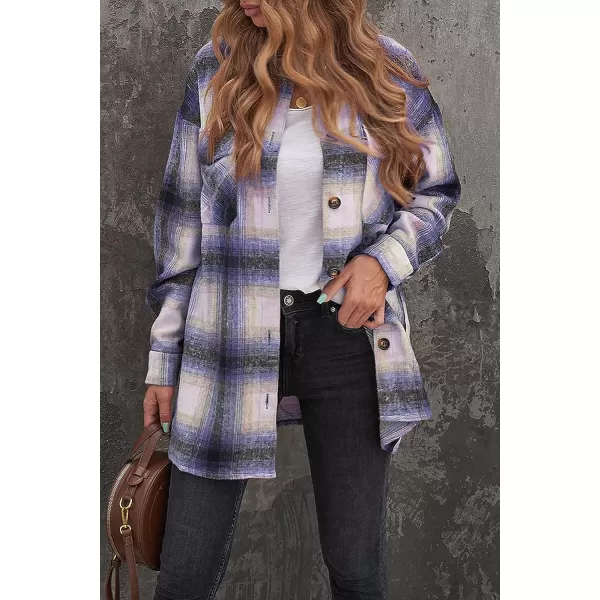 imagePRETTYGARDEN Womens 2023 Fall Clothes Plaid Shacket Jacket Long Sleeve Button Down Flannel Shirts Fashion BlouseBlue