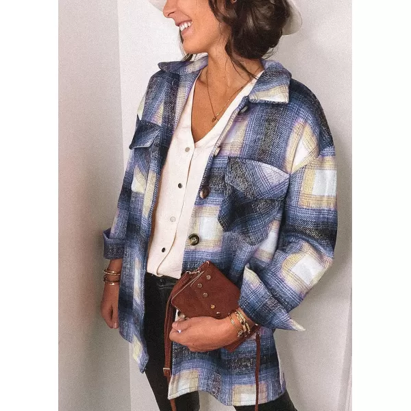 imagePRETTYGARDEN Womens 2023 Fall Clothes Plaid Shacket Jacket Long Sleeve Button Down Flannel Shirts Fashion BlouseBlue