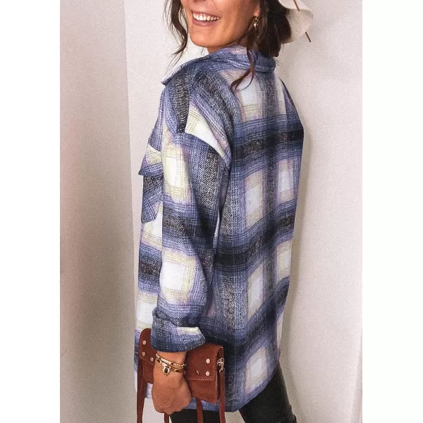 imagePRETTYGARDEN Womens 2023 Fall Clothes Plaid Shacket Jacket Long Sleeve Button Down Flannel Shirts Fashion BlouseBlue