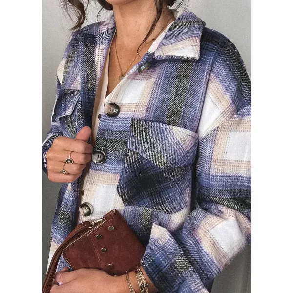 imagePRETTYGARDEN Womens 2023 Fall Clothes Plaid Shacket Jacket Long Sleeve Button Down Flannel Shirts Fashion BlouseBlue