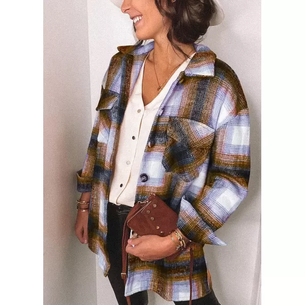 imagePRETTYGARDEN Womens 2023 Fall Clothes Plaid Shacket Jacket Long Sleeve Button Down Flannel Shirts Fashion BlouseBrown