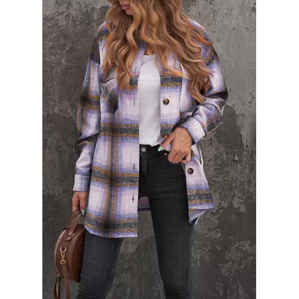 imagePRETTYGARDEN Womens 2023 Fall Clothes Plaid Shacket Jacket Long Sleeve Button Down Flannel Shirts Fashion BlouseBrown