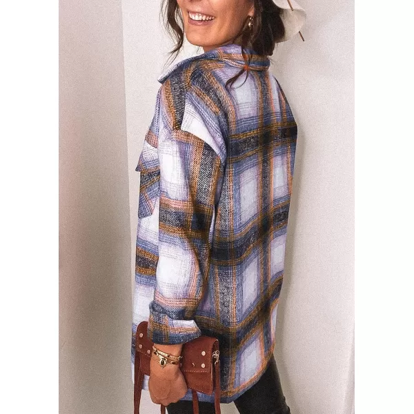 imagePRETTYGARDEN Womens 2023 Fall Clothes Plaid Shacket Jacket Long Sleeve Button Down Flannel Shirts Fashion BlouseBrown