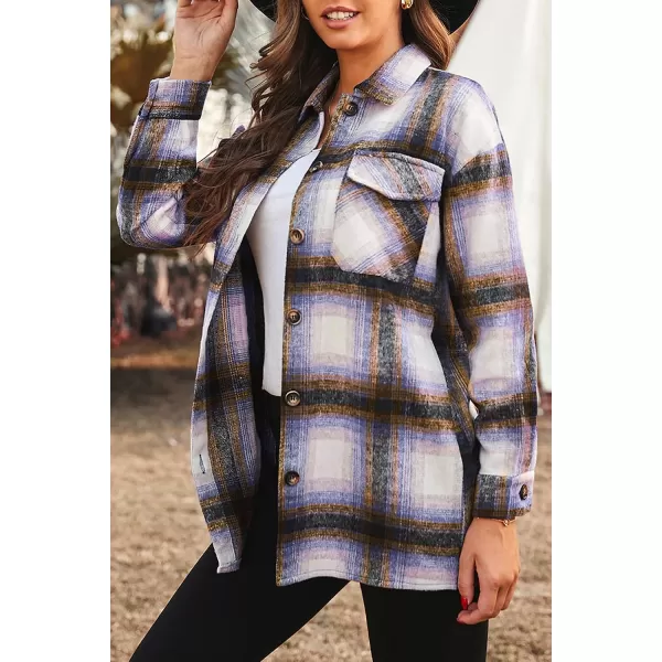 imagePRETTYGARDEN Womens 2023 Fall Clothes Plaid Shacket Jacket Long Sleeve Button Down Flannel Shirts Fashion BlouseBrown