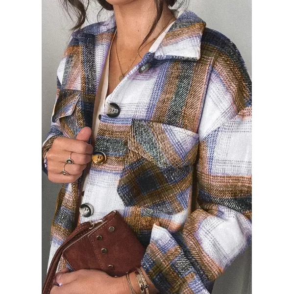 imagePRETTYGARDEN Womens 2023 Fall Clothes Plaid Shacket Jacket Long Sleeve Button Down Flannel Shirts Fashion BlouseBrown