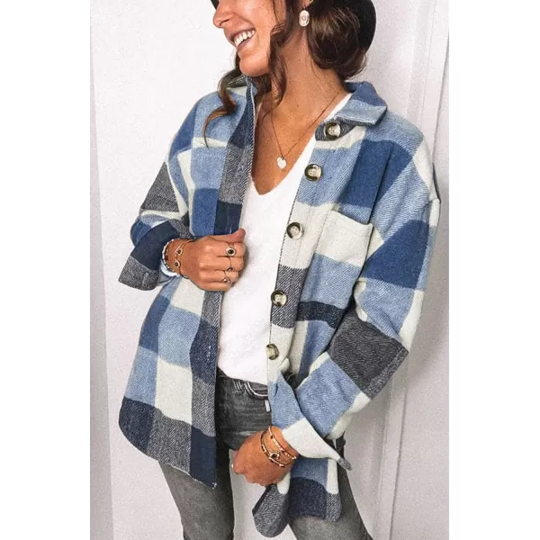 imagePRETTYGARDEN Womens 2023 Fall Clothes Plaid Shacket Jacket Long Sleeve Button Down Flannel Shirts Fashion BlouseDark Blue