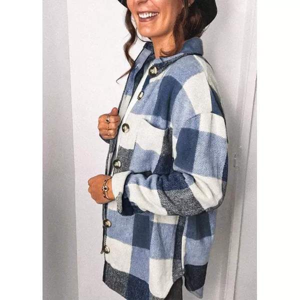 imagePRETTYGARDEN Womens 2023 Fall Clothes Plaid Shacket Jacket Long Sleeve Button Down Flannel Shirts Fashion BlouseDark Blue