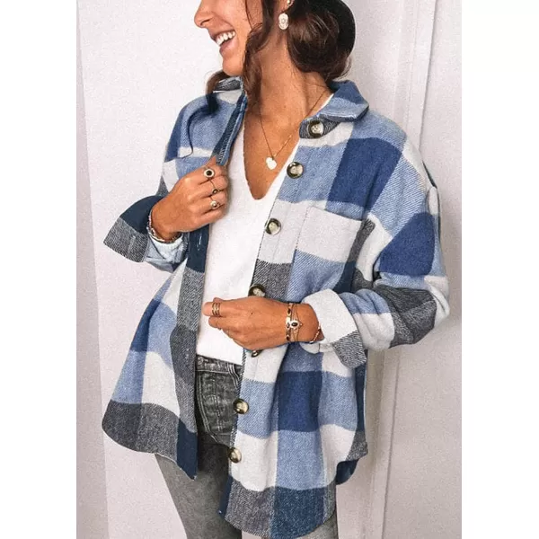imagePRETTYGARDEN Womens 2023 Fall Clothes Plaid Shacket Jacket Long Sleeve Button Down Flannel Shirts Fashion BlouseDark Blue