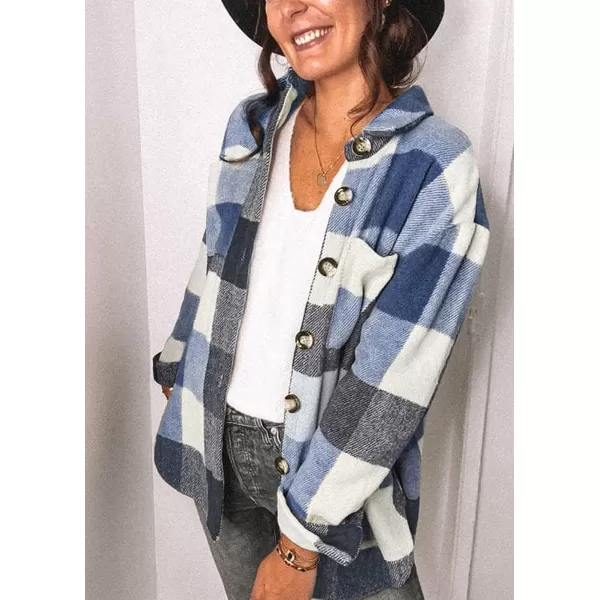 imagePRETTYGARDEN Womens 2023 Fall Clothes Plaid Shacket Jacket Long Sleeve Button Down Flannel Shirts Fashion BlouseDark Blue