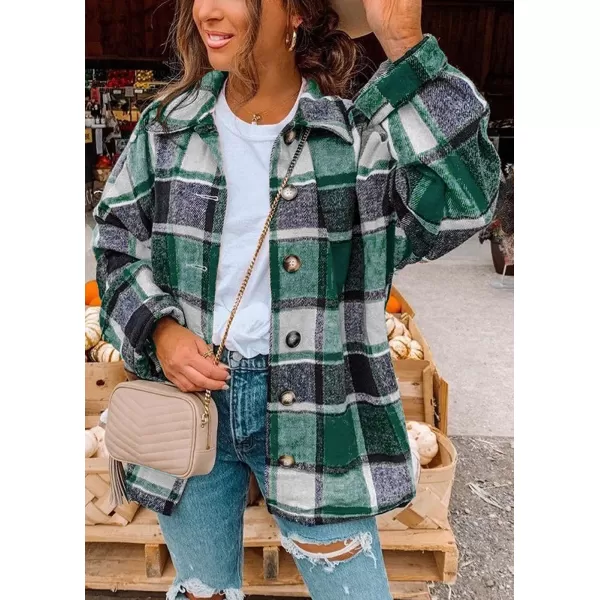 imagePRETTYGARDEN Womens 2023 Fall Clothes Plaid Shacket Jacket Long Sleeve Button Down Flannel Shirts Fashion BlouseGreen