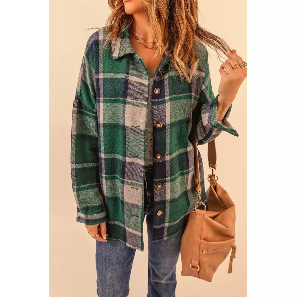 imagePRETTYGARDEN Womens 2023 Fall Clothes Plaid Shacket Jacket Long Sleeve Button Down Flannel Shirts Fashion BlouseGreen