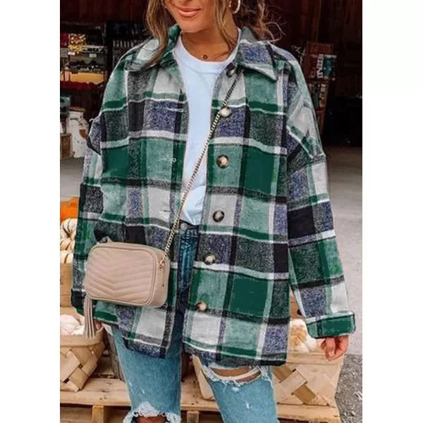 imagePRETTYGARDEN Womens 2023 Fall Clothes Plaid Shacket Jacket Long Sleeve Button Down Flannel Shirts Fashion BlouseGreen