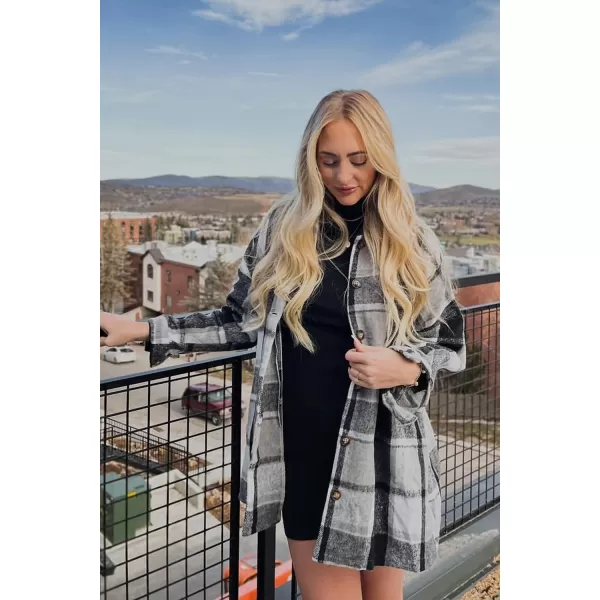 imagePRETTYGARDEN Womens 2023 Fall Clothes Plaid Shacket Jacket Long Sleeve Button Down Flannel Shirts Fashion BlouseGrey