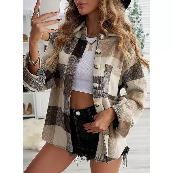 imagePRETTYGARDEN Womens 2023 Fall Clothes Plaid Shacket Jacket Long Sleeve Button Down Flannel Shirts Fashion BlouseKhaki