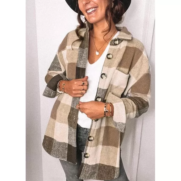imagePRETTYGARDEN Womens 2023 Fall Clothes Plaid Shacket Jacket Long Sleeve Button Down Flannel Shirts Fashion BlouseKhaki