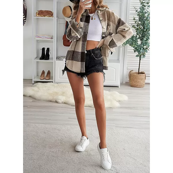imagePRETTYGARDEN Womens 2023 Fall Clothes Plaid Shacket Jacket Long Sleeve Button Down Flannel Shirts Fashion BlouseKhaki