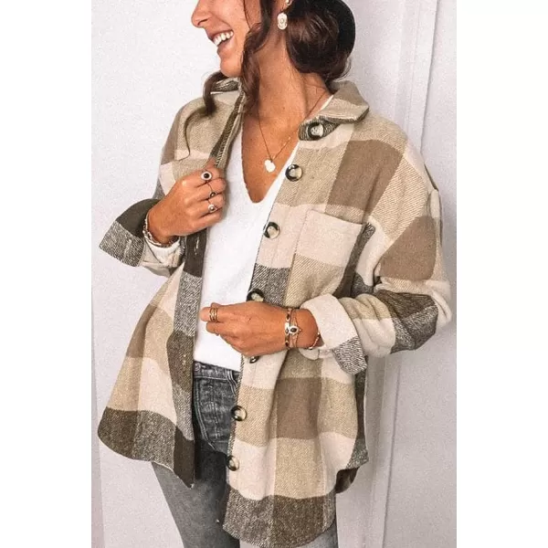 imagePRETTYGARDEN Womens 2023 Fall Clothes Plaid Shacket Jacket Long Sleeve Button Down Flannel Shirts Fashion BlouseKhaki