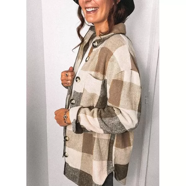 imagePRETTYGARDEN Womens 2023 Fall Clothes Plaid Shacket Jacket Long Sleeve Button Down Flannel Shirts Fashion BlouseKhaki