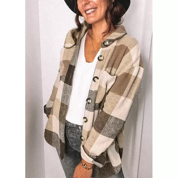 imagePRETTYGARDEN Womens 2023 Fall Clothes Plaid Shacket Jacket Long Sleeve Button Down Flannel Shirts Fashion BlouseKhaki