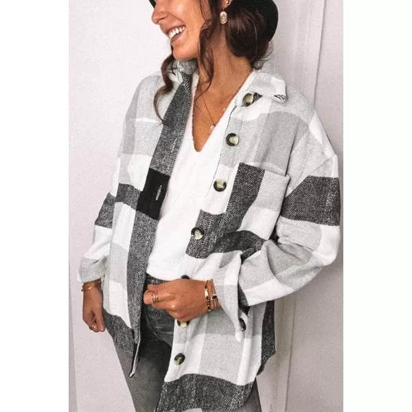 imagePRETTYGARDEN Womens 2023 Fall Clothes Plaid Shacket Jacket Long Sleeve Button Down Flannel Shirts Fashion BlouseLight Grey