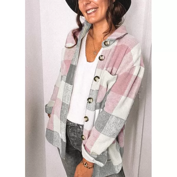 imagePRETTYGARDEN Womens 2023 Fall Clothes Plaid Shacket Jacket Long Sleeve Button Down Flannel Shirts Fashion BlousePink